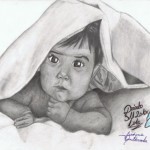 Portret dziecka rysowany na podstawie zdjęcia z internetu. Praca wykonana ołówkami.
