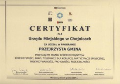 Ten certyfikat chojnicki urząd miejski otrzymał w grudniu 2004 roku.